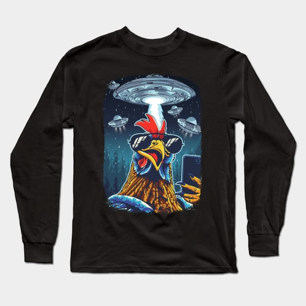 Rooster UFO Funny Chicken Meme Invasion Retro Alien Long Sleeve T-Shirt by PunnyPoyoShop